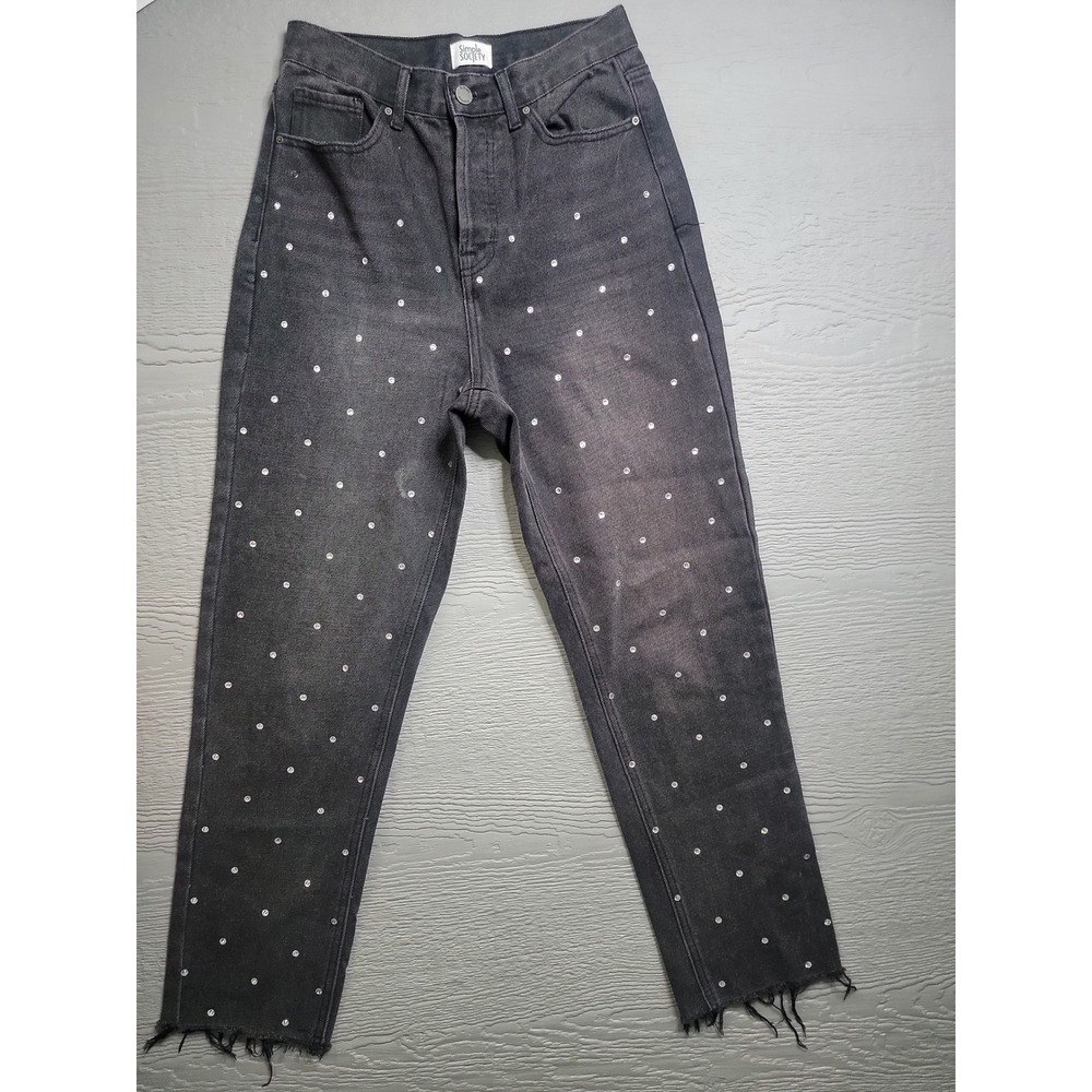♡Simple Society Rhinestone Embellished High Rise Straight Leg Jeans Black 27